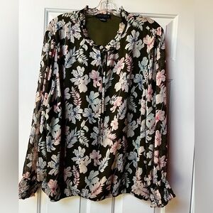 Sanctuary Olive Floral Ruffle-Tie Blouse